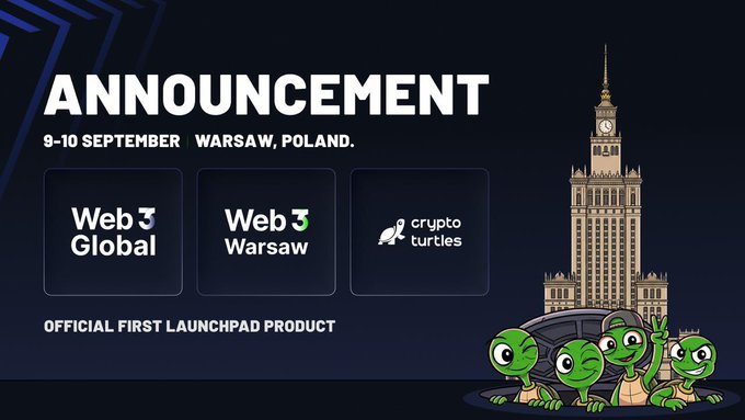 A promotional graphic announces an official launchpad product collaboration between Web3 Global, Web3 Warsaw, and Crypto Turtles, taking place September 9-10 in Warsaw, Poland, featuring the iconic Palace of Culture and Science and four cartoon turtles making peace signs. The image ties directly to the post's announcement of Crypto Turtles and Arrland's communities converging at the Web3 Warsaw event for a live adventure.