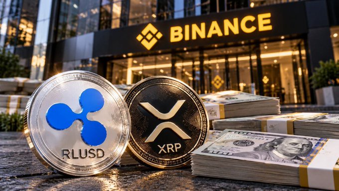 Two large coins representing 'RLUSD' and 'XRP' rest in front of a building displaying the yellow 'BINANCE' logo, with stacks of hundred-dollar bills beside them.