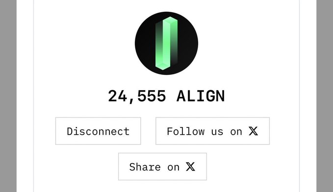 The image shows a wallet interface displaying a balance of 24,555 ALIGN tokens with options to disconnect or share on X, relating to the post about claiming airdrop entitlements where holders over 10k receive tokens with vesting on ETH mainnet while those under 10k claim on Base network.