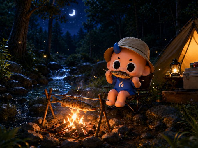 A whimsical digital illustration depicts a cute cartoon character wearing a safari hat and blue outfit, sitting on a camping chair by a campfire with a fish cooking on a spit, with a tent and crescent moon in the background.