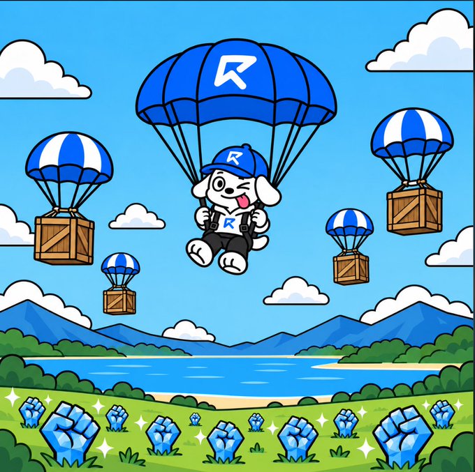A cartoon illustration featuring a character parachuting with a blue 'R' branded parachute and cap, surrounded by crates and blue crystals in a green field.