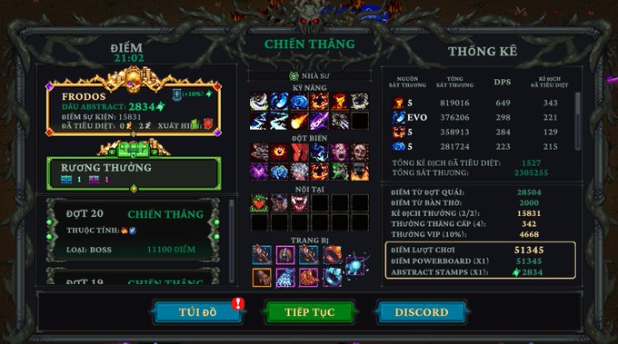 A Vietnamese-language video game battle results screen titled "CHIẾN THẮNG" (Victory), showing a character named "FRODOS" with abstract score "2834" and detailed combat statistics including DPS and damage dealt.