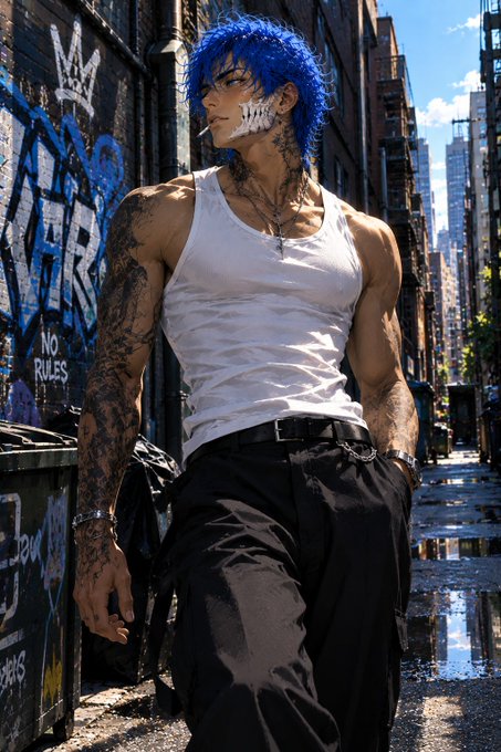 A digitally illustrated character with bright blue hair, facial bandages, and tattoos, wearing a white tank top and black cargo pants while leaning against a graffiti-covered urban alley wall.