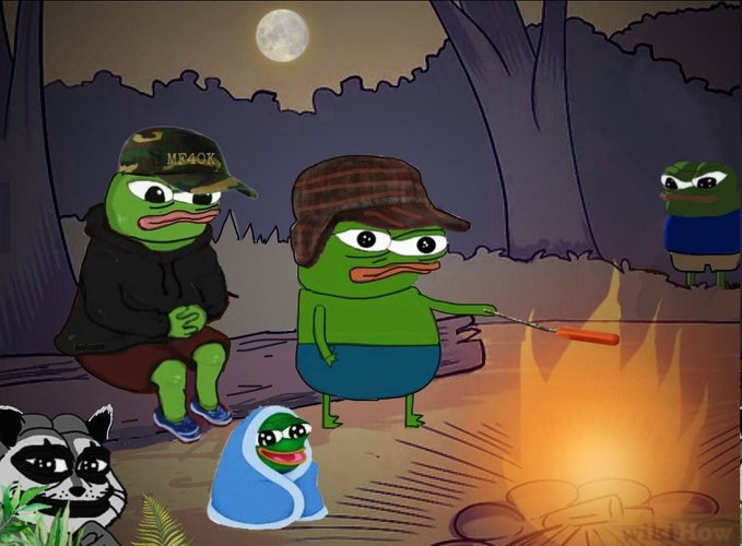 An illustration shows Pepe the Frog characters, including one wearing an 'MF40K' cap and another roosting a hot dog on a stick over a campfire at night, while a raccoon watches from the bushes.
