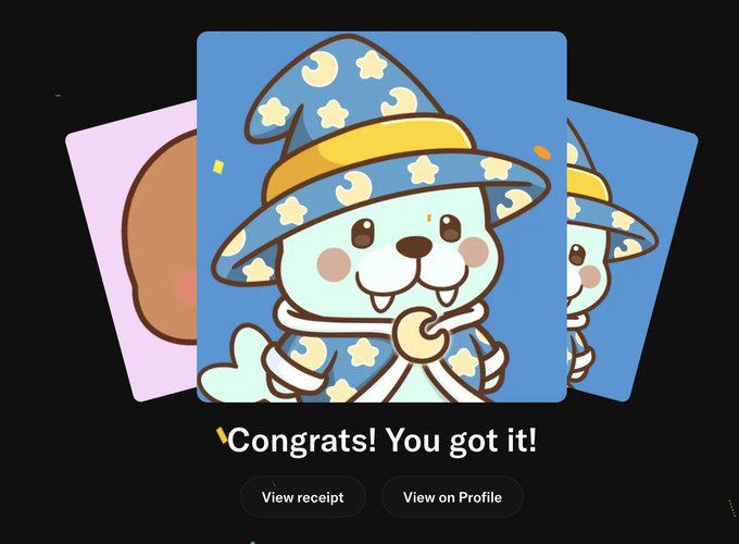 OpenSea NFT minting success screen saying 'Congrats! You got it!' with a cartoon mascot character dressed as a wizard with a starry blue hat and cape, alongside buttons for 'View receipt' and 'View on Profile'.