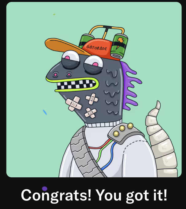 A cartoon illustration of a quirky gray monster character wearing an orange 'GATORADE' cap with attached canisters, band-aids, and a tire strap, with the caption 'Congrats! You got it!'