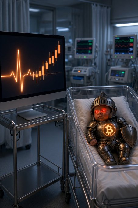 A newborn infant clad in knight's armor emblazoned with a Bitcoin (₿) symbol lies in a hospital bassinet, their eyes glowing red as a nearby monitor displays a rising BTC candlestick chart alongside an EKG pulse—visually literalizing the caption's claim that "$BTC is in my veins."
