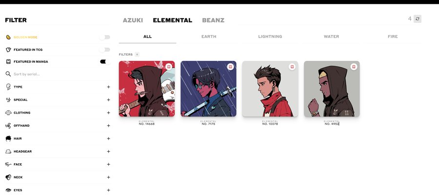 A screenshot of the Azuki NFT collection website showing the "ELEMENTAL" category filter with four character cards displayed, including #14688, #7175, #10078, and #4952, illustrating the user's excitement about being featured as one of just four Elemental NFTs in the manga.