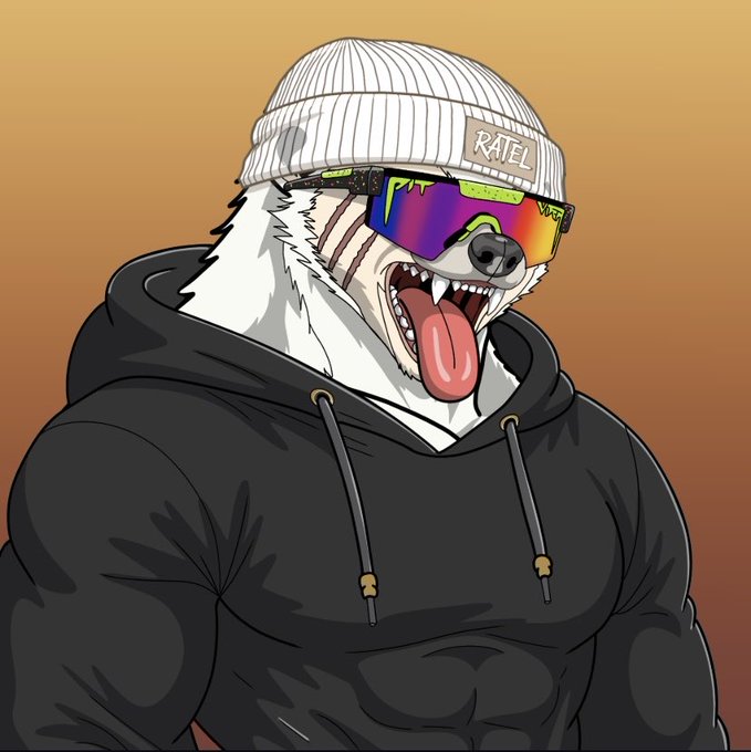 An anime-style illustration of a honey badger wearing a white beanie labeled 'RATEL', rainbow sunglasses, and a black hoodie, baring its teeth with its tongue out.