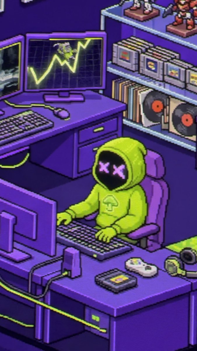 A pixel art illustration of a character in a green hoodie with 'X X' eyes sitting at a purple computer desk playing games, with a stock chart on the monitor.