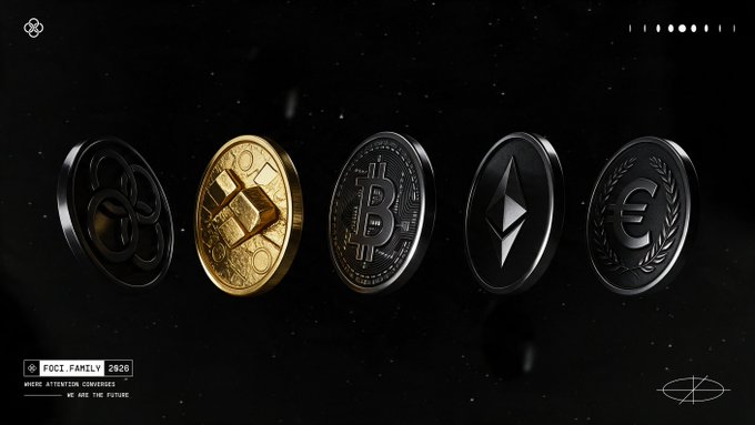 A promotional image for 'FOCI.FAMILY 2026' featuring five stylized cryptocurrency coins (Polkadot, Binance Coin, Bitcoin, Ethereum, and Euro Coin) displayed against a dark starry background.