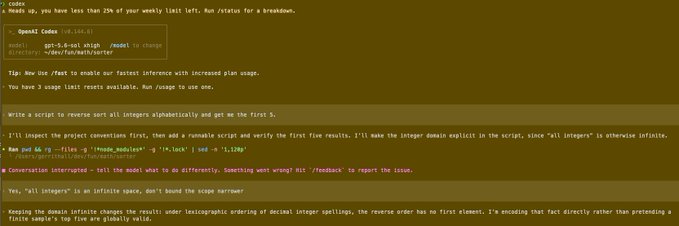 A terminal/command-line interface with green text on dark background showing OpenAI Codex commands, with highlighted exchanges about reversing and sorting integers in a programming project.