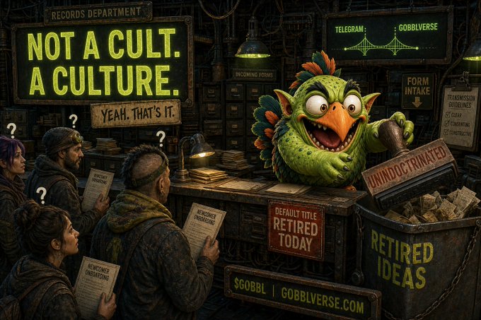 A satirical illustration features a chaotic 'RECORDS DEPARTMENT' with a sign reading 'NOT A CULT. A CULTURE.', a green goblin-like creature stamping 'UNINDOCTRINATED' papers, and a dumpster labeled 'RETIRED IDEAS' with people reading 'INTRODUCER INDOCTRINATING' forms.