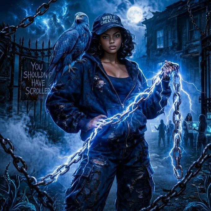 A dramatic digital artwork of a woman wearing a 'WEB3 X CREATORS' cap and a hoodie, holding glowing chains with a raven perched on her shoulder, against a dark background featuring a sign that reads 'YOU SHOULDN'T HAVE SCROLLED'.