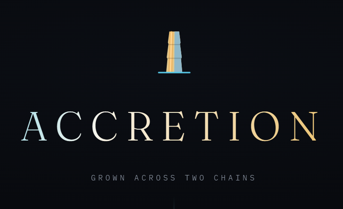 Logo design featuring a stylized tower icon above the word 'ACCRETION' in cream and gold tones, with the tagline 'GROWN ACROSS TWO CHAINS' on a black background.