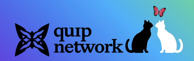The image displays the "quip network" logo featuring a butterfly emblem, alongside silhouettes of black and white cats watching a pink butterfly. This visual branding accompanies a post highlighting Quip's hardware-agnostic approach in their whitepaper, where CPU, GPU, ASIC, and QPU architectures compete under identical benchmarks in a "Proof of Useful Work" system, with the cat-and-butterfly motif possibly symbolizing the observation and verification of which hardware architecture truly performs best.