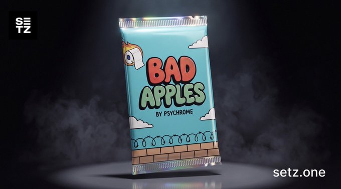 A digital collectible item titled "BAD APPLES by PSYCHROME" designed to look like a candy wrapper, displayed on a dark background with "SETZ" and "setz.one" branding.