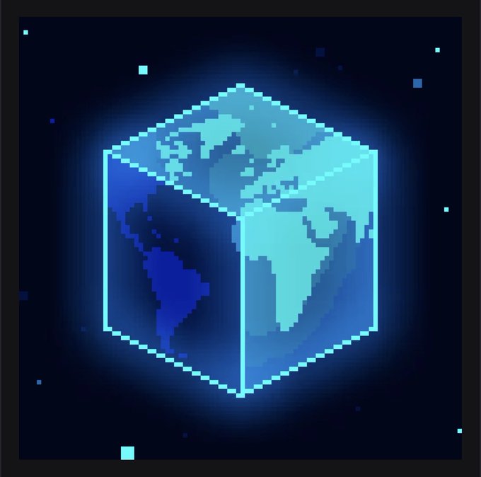 A pixel art illustration of a glowing blue cube with a world map on its visible faces, set against a dark starry background.