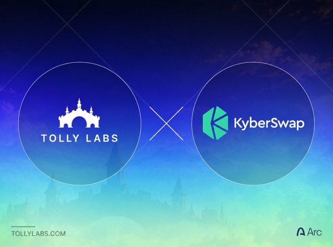 The image showcases a partnership announcement graphic featuring the Tolly Labs and KyberSwap logos side-by-side within circular frames, connected by an "X" symbol against a blue gradient background with a castle silhouette, visually representing the integration collaboration described in the post.