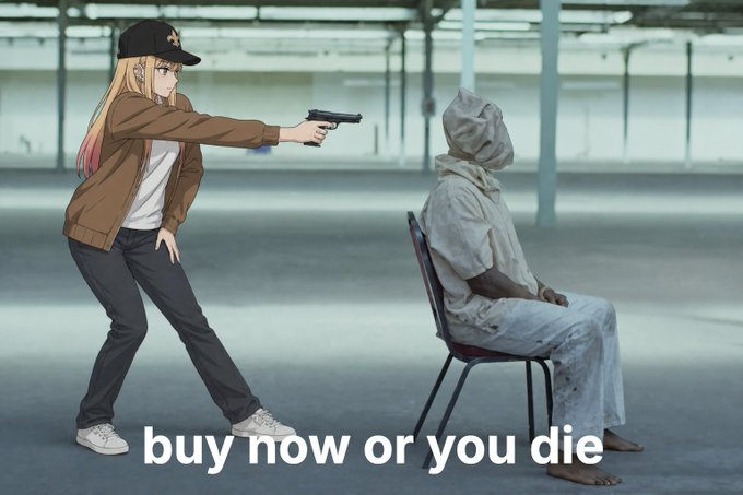 Anime-style illustration of a blonde woman in a brown jacket pointing a gun at a hooded, seated figure in a white jumpsuit, overlaid with the text 'buy now or you die'.