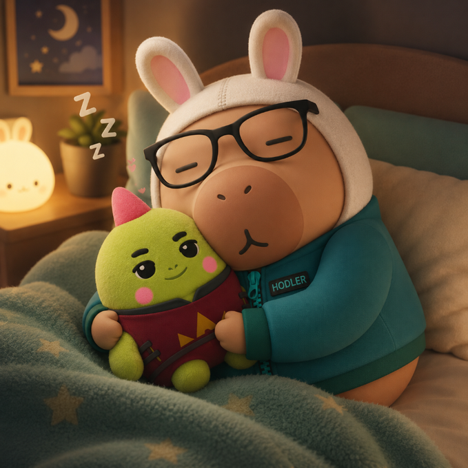 A cute 3D-rendered character wearing a white bunny-eared hood and glasses sleeps while cuddling a small green plush toy on a cozy bed.