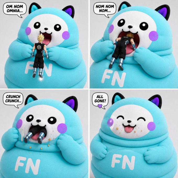 A four-panel comic showing a blue Snorlax-like plush toy eating a Vegeta action figure from a Dragon Ball set, with text bubbles reading "OM NOM OMNIA...", "NOM NOM NOM...", "CRUNCH CRUNCH...", and "ALL GONE!".