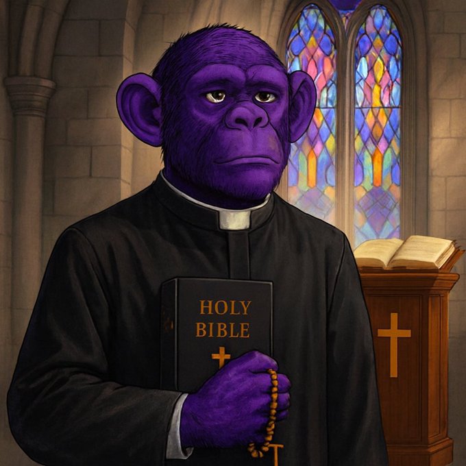 An illustration depicts a purple chimpanzee dressed as a priest in a church, holding a 'HOLY BIBLE' and a rosary, standing before stained glass windows and an open book on a pedestal.