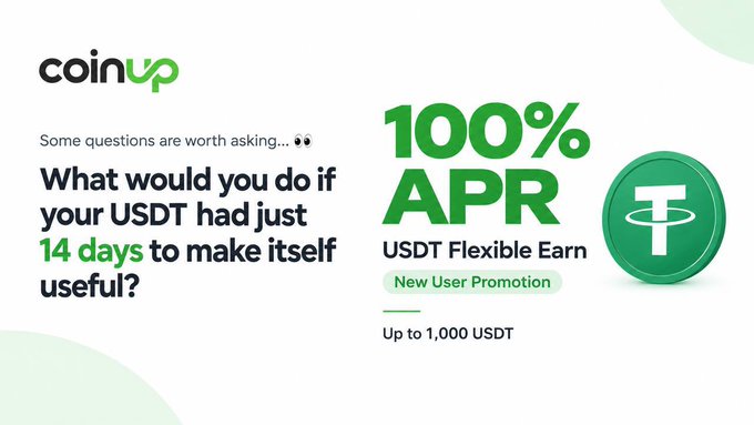 A CoinUp advertisement promoting a "100% APR USDT Flexible Earn New User Promotion" for up to 1,000 USDT, asking "What would you do if your USDT had just 14 days to make itself useful?"