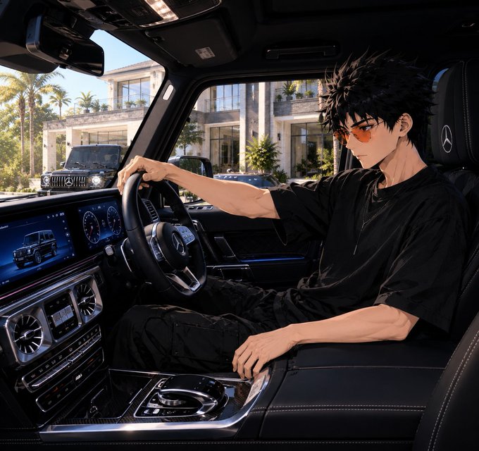 An anime-style illustration of a young man with spiky black hair and orange sunglasses sitting in the driver's seat of a Mercedes-Benz, gripping the steering wheel with a mansion and another vehicle visible through the windshield.