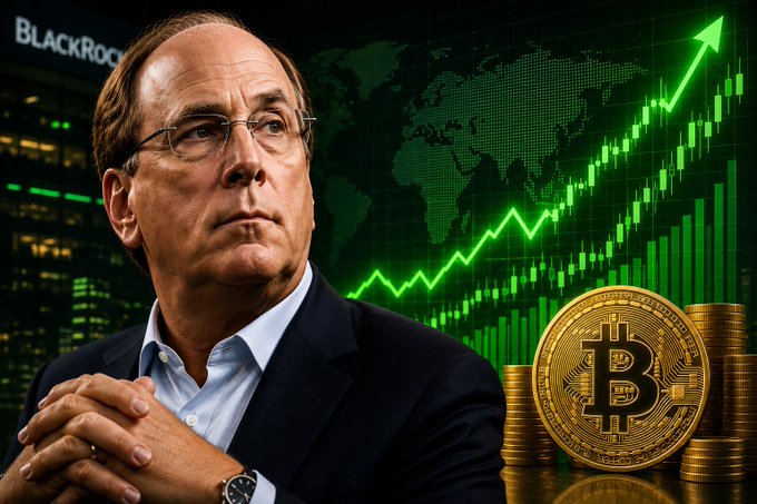 A graphic of a man in a suit and glasses, identified by a 'BLACKROCK' logo behind him, alongside a glowing green rising stock chart, a world map, and a stack of gold Bitcoin coins.