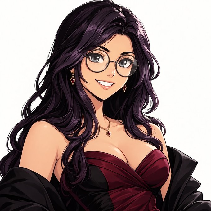 An anime-style illustration depicts a smiling woman with long dark purple hair, round glasses, and a strapless burgundy dress.