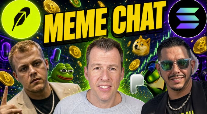 A YouTube thumbnail titled 'MEME CHAT' features three men against a background of crypto coins, Pepe the Frog, Doge, and financial charts, with a Rock logo on the left and Solana logo on the right.