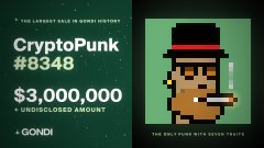 A graphic advertises CryptoPunk #8348 with text noting it as 'THE LARGEST SALE IN SERIES HISTORY,' sold for $3,000,000 undisclosed amount via GONDI, featuring the pixel art character with a fedora and cigar.