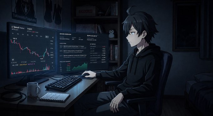 An anime-style illustration shows a dark-haired character in a black hoodie sitting at a desk with dual monitors displaying red and green trading charts, including one labeled 'SPACE' and 'Spaces Index'.