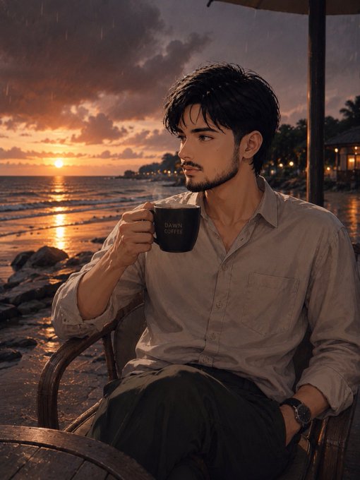 iced coffee with "aloha" and "coffee" written on it, held by a man seated at an outdoor table under a tent-like structure.