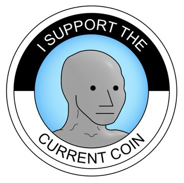 A circular badge or logo with a black and blue design features a featureless gray human bust in the center, encircled by the text 'I SUPPORT THE CURRENT COIN'.
