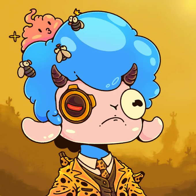 A cartoon pink character with blue hair, a monocle, and bees on its head wears a leopard-print jacket against a desert backdrop.