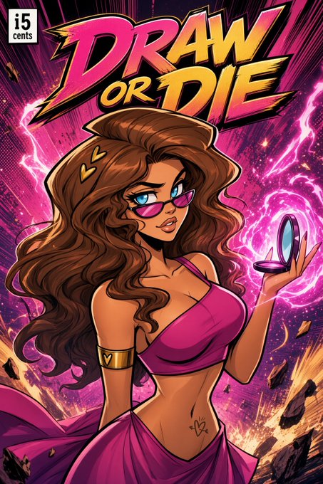 A comic book-style cover illustration titled 'DRAW OR DIE' priced at 15 cents, featuring a stylized woman with long brown hair, pink sunglasses, and a magenta outfit holding a compact mirror, set against a dramatic pink and purple background with lightning effects.