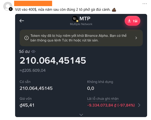 A screenshot of a Binance wallet showing a balance of 210,064,45145 MTP tokens (Multiplete Network) valued at approximately 205,609.04, with an unrealized loss of -97.84%.