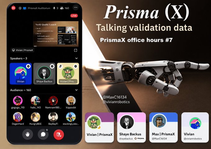 A promotional image for "PrismaX Office Hours #7: Talking Validation Data" showing a mobile interface with 3 speakers (Vivian, Shaye Backus, Vivian PrismaX) and 160 audience members, alongside a robotic hand gripping a pencil with handles @MaxC6134 and @vivianrobotics, featuring the PrismaX logo and the tagline highlighting insights into community-driven AI data validation.