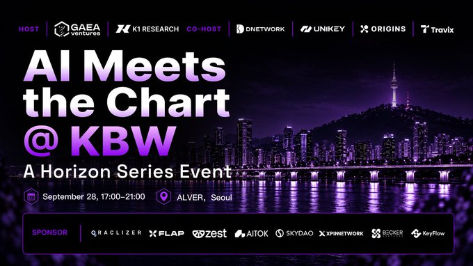 A promotional graphic for an "AI Meets the Chart @ KBW" Horizon Series Event, hosted by GAEA Ventures and K1 Research, scheduled for September 28, 17:00-21:00 at ALVER in Seoul.