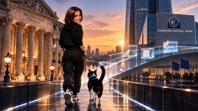 A woman walks her cat down a glass bridge at sunset, flanked by the "Traditional Finance" building on the left and the "European Central Bank" (ECB) on the right. The image visually represents the post's theme of tokenized assets quietly settling in central bank money through the ECB's "Pontes" system, bridging traditional finance with blockchain infrastructure.