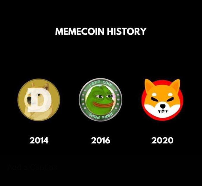 A timeline titled 'MEMECOIN HISTORY' displays three cryptocurrency logos representing Dogecoin (2014), Pepe Coin (2016), and Shiba Inu (2020).