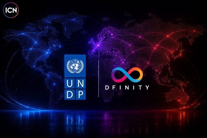 A digital graphic shows the 'UNDP' (United Nations Development Programme) logo next to the 'DFINITY' logo with its infinity symbol, set against a glowing blue and red world map with 'ICN' in the corner.