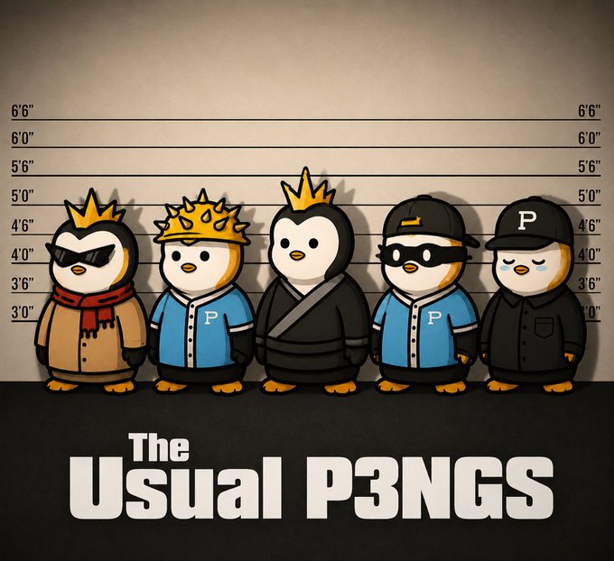 Five penguin characters in various outfits (including sunglasses, crowns, and baseball caps with 'P' logos) line up against a police lineup height chart, with the text 'The USUAL P3NGS' displayed below.
