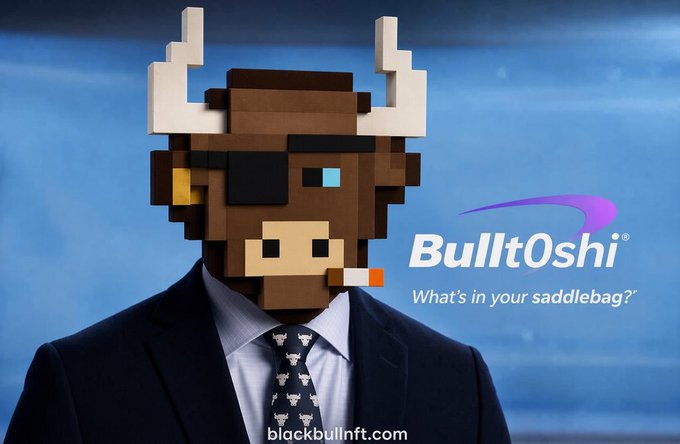 An advertisement for 'BulltOshi - What's in your saddlebag?' featuring a pixelated bull character in a suit and tie with a bull-pattern tie, from blackbullnft.com.