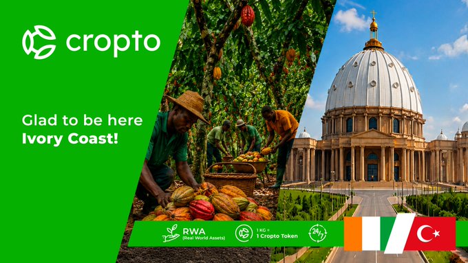 A promotional graphic for 'cropto' announces their arrival in Ivory Coast with the text 'Glad to be here Ivory Coast!', showing farmers harvesting cacao pods and a domed basilica, along with flags of Ivory Coast and Turkey.