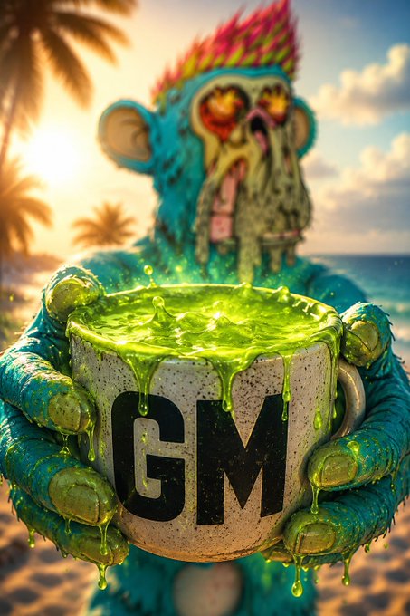 A vibrant blue mutant ape with pink spiked hair on a tropical beach at sunset clutches a dripping mug of green slime labeled "GM," matching the post's cheerful "GM" (good morning) greeting and #MutantMonday ape-themed profile picture vibe.
