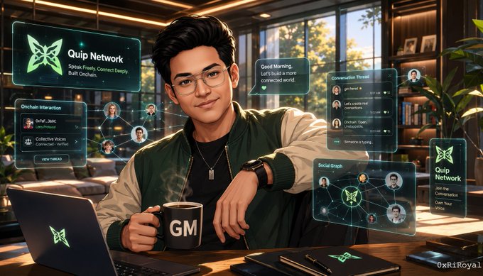 A digital illustration of a young man with glasses holding a 'GM' mug, with holographic UI elements displaying 'Quip Network' branding, social graph features, and conversation threads.