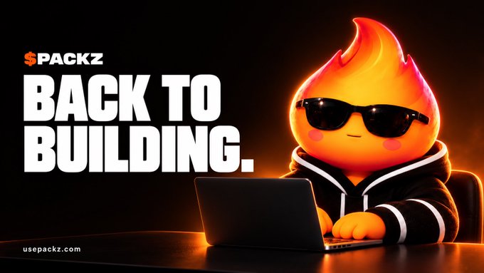A promotional banner with the text 'PACKZ', 'BACK TO BUILDING.', and 'usepackz.com' features a flame-shaped cartoon character wearing sunglasses and a black hoodie while typing on a laptop.
